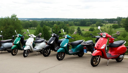Row of colorful scooters parked outdoors with green landscape in the background