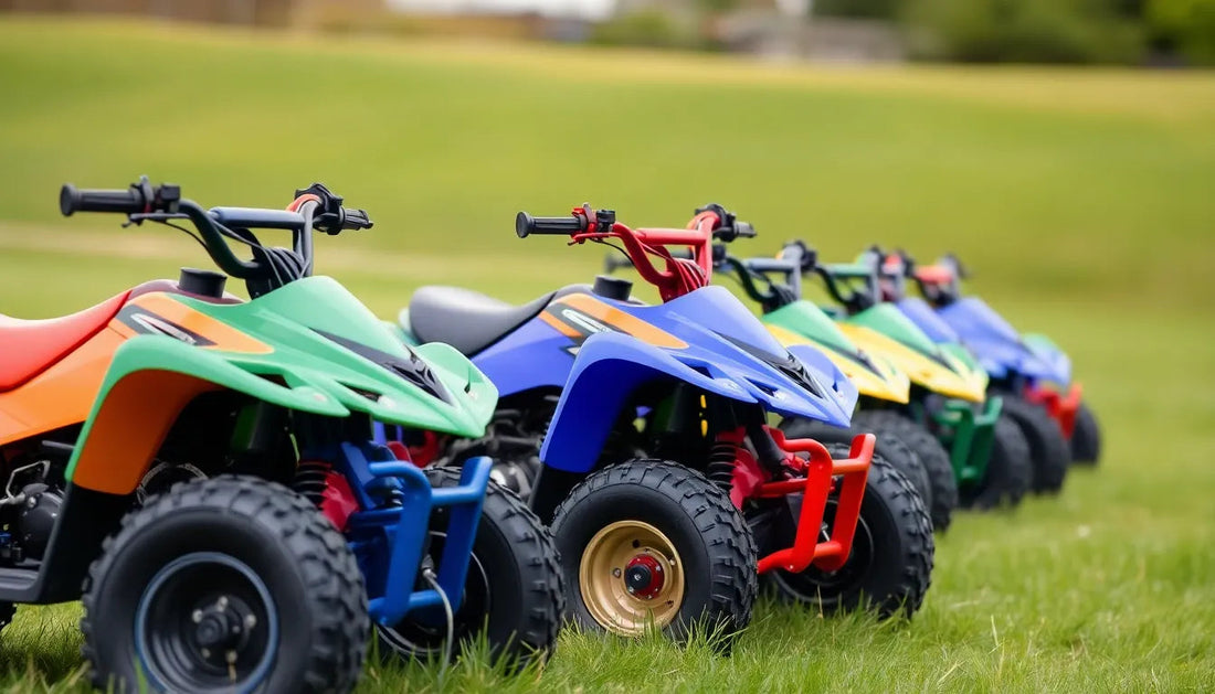 Colorful kids ATVs lined up on grass, outdoor youth quad bikes ready for riding