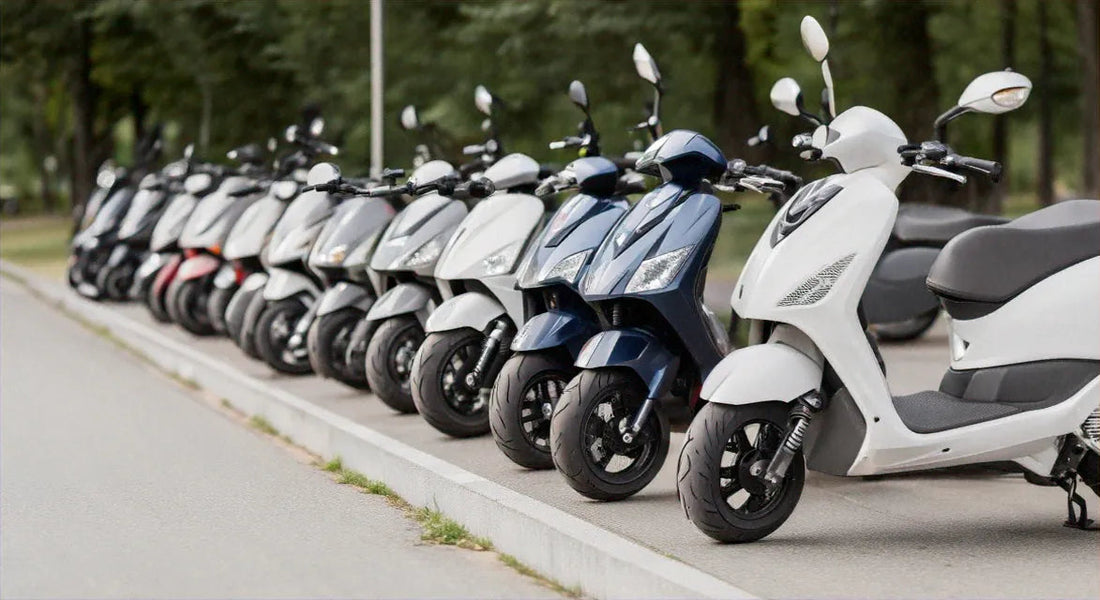 Row of modern scooters parked outdoors on a street, urban scooter lineup