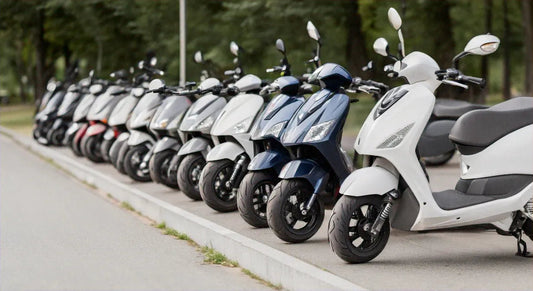 Row of modern scooters parked outdoors on a street, urban scooter lineup