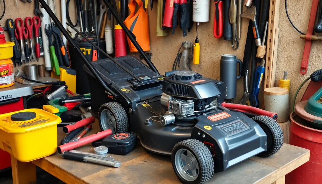 Black lawn mower on workshop table, surrounded by tools and garden equipment