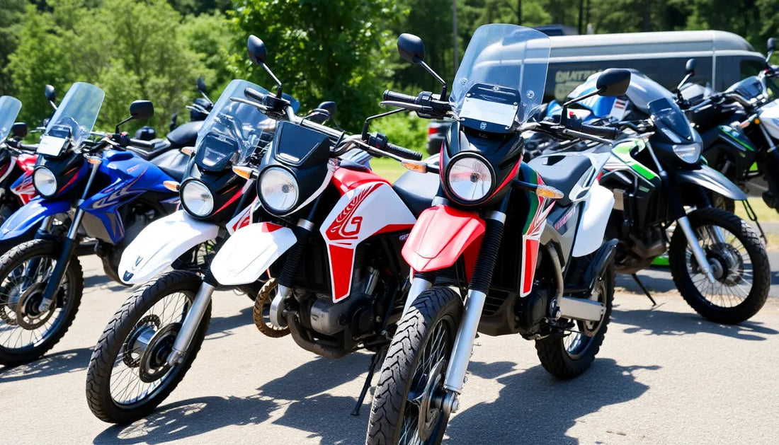 Row of dual sport dirt bikes with windshields parked outdoors on sunny day