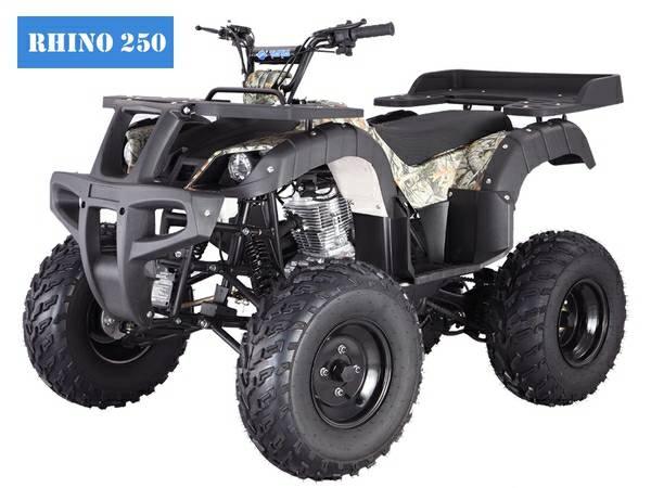 Rhino 250 utility ATV with rugged tires and front cargo rack, ideal for off-road riding.