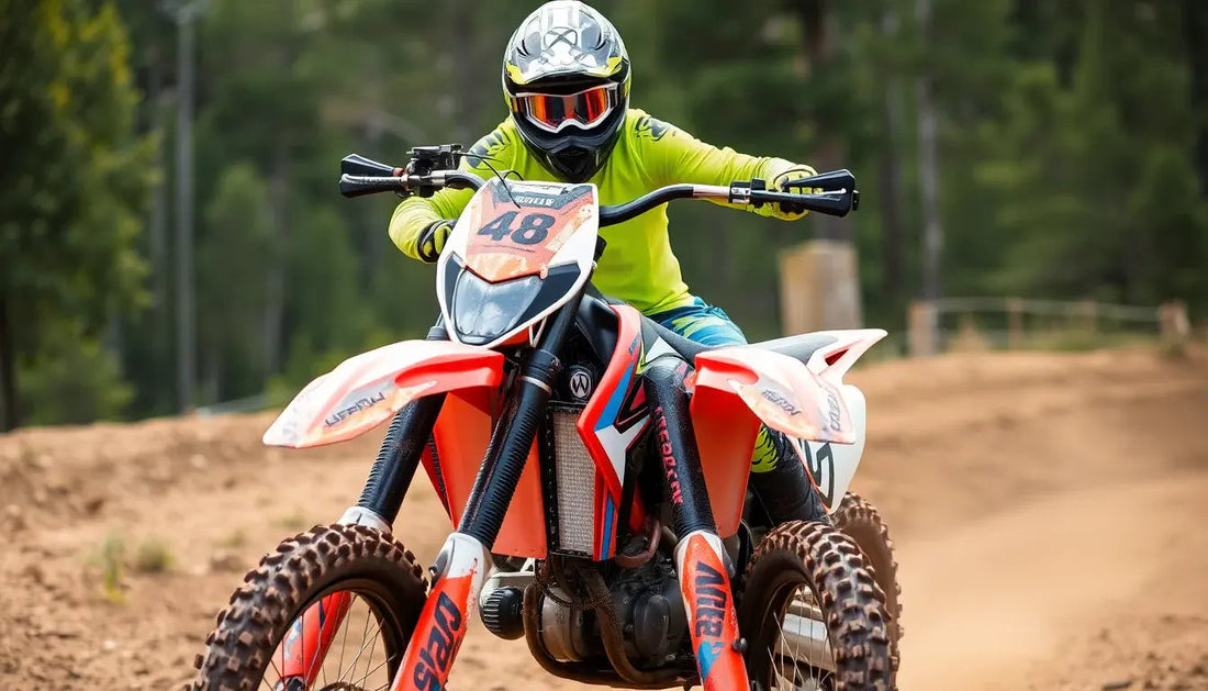 Dirt bike rider in helmet and gear racing on an off-road trail, forest background