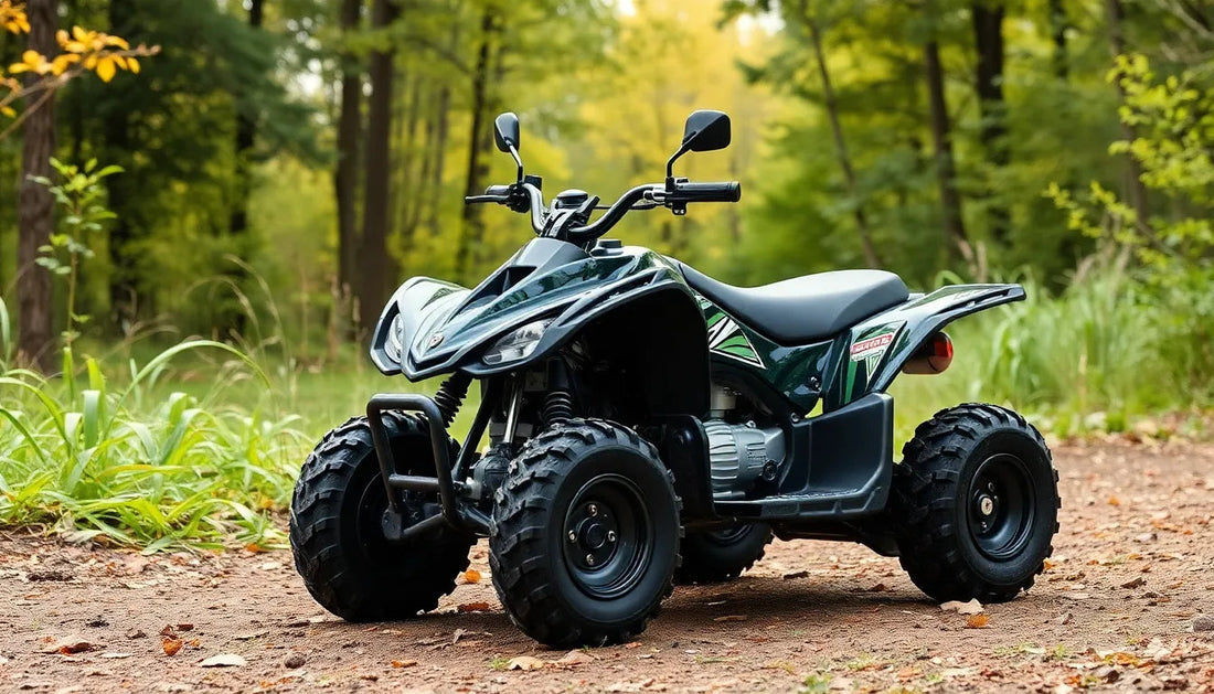 Youth ATV with rugged tires parked on a forest trail, green body and sporty design