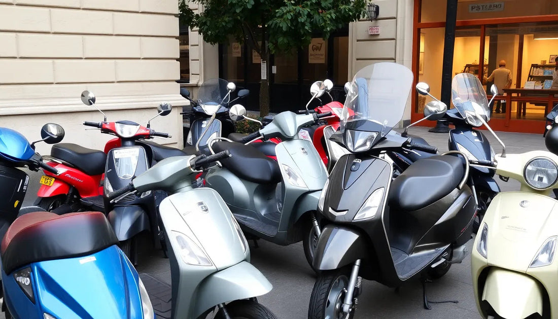 Multiple modern scooters and mopeds parked outdoors on a city street.
