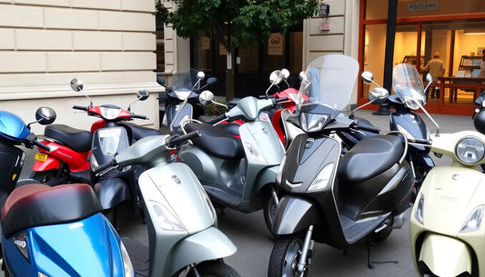 Multiple modern scooters and mopeds parked outdoors on a city street.