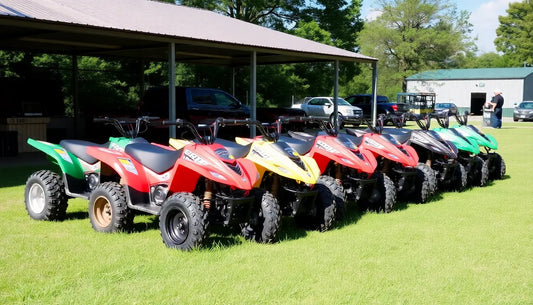 Row of colorful youth ATVs parked on grass at an outdoor dealership lot