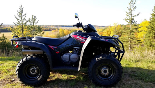 Black ATV four wheeler parked on grass in front of trees, outdoor powersports vehicle