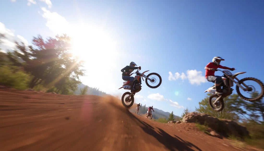 Riders on dirt bikes jump on a sunny off-road trail with blue sky and trees.