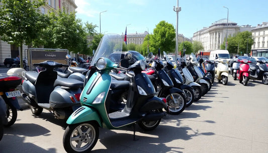 Row of parked scooters and mopeds on city street with trees and historic buildings