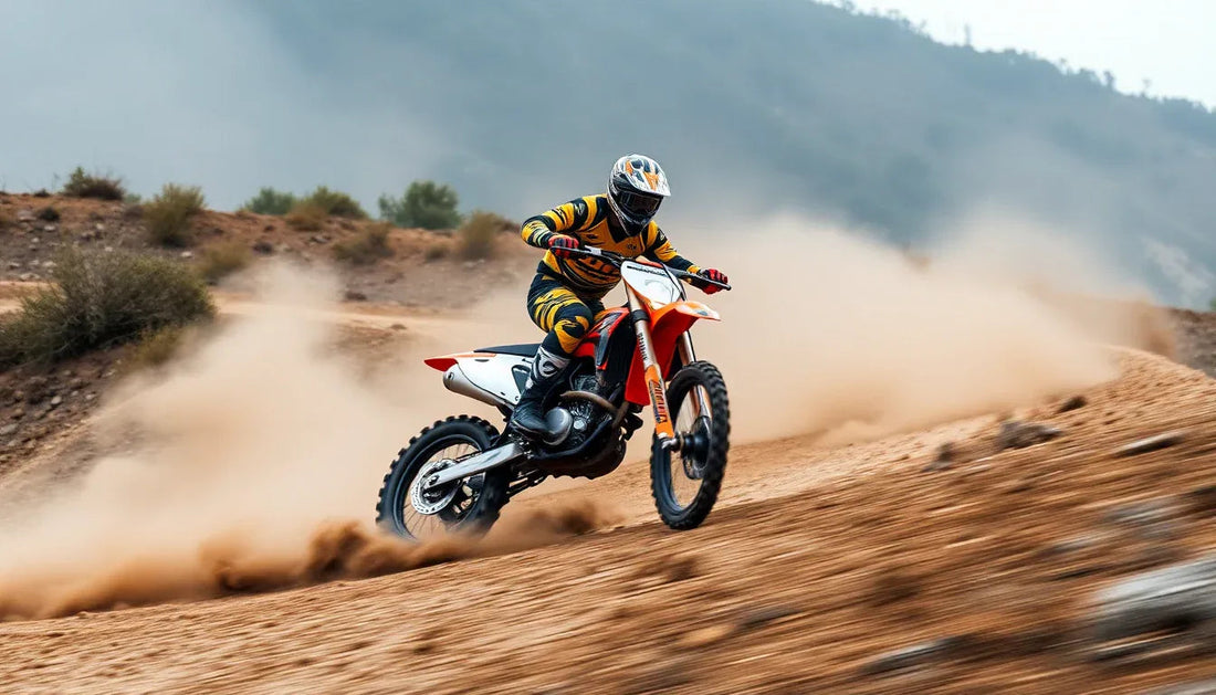 Rider on orange dirt bike racing off-road, kicking up dust on rugged trail with hills in background