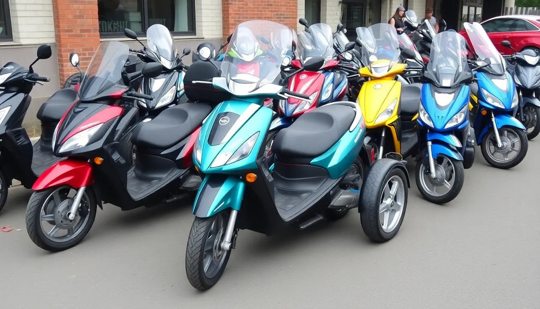 Colorful scooters and trikes parked in a row outdoors, featuring blue, red, and yellow models