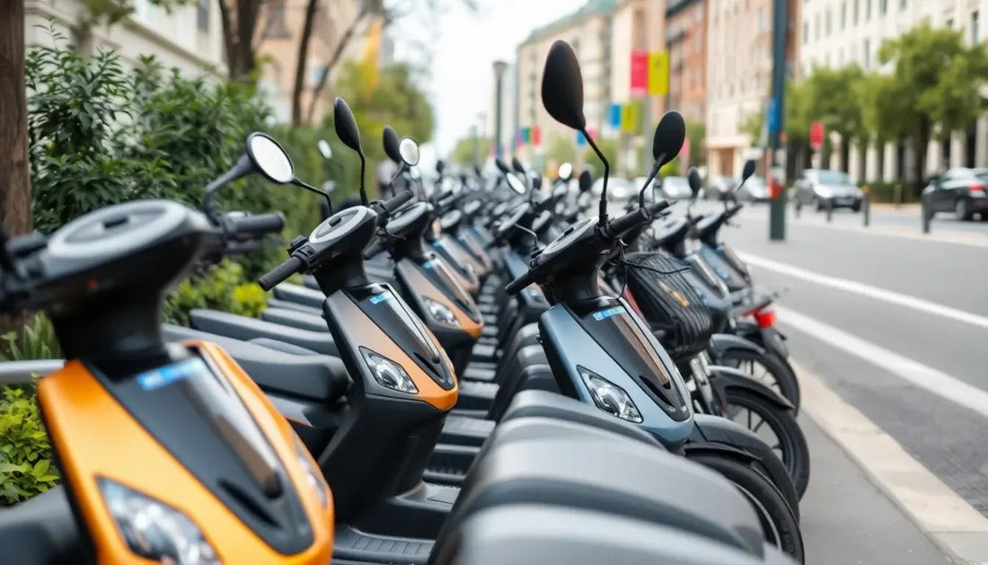 Row of modern scooters parked on an urban street, various colors visible, daytime setting