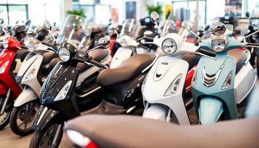 row of colorful motor scooters with windshields in a showroom, scooters for sale
