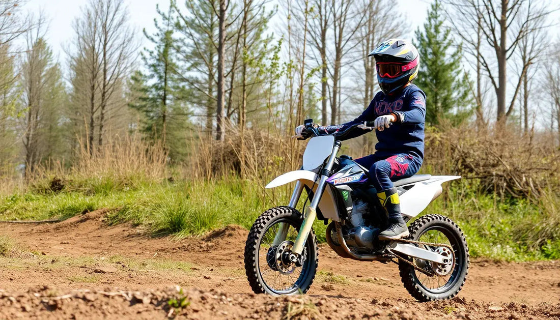 Youth riding a dirt bike on an outdoor trail, wearing a helmet and protective gear