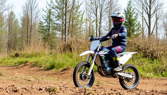 Youth riding a dirt bike on an outdoor trail, wearing a helmet and protective gear