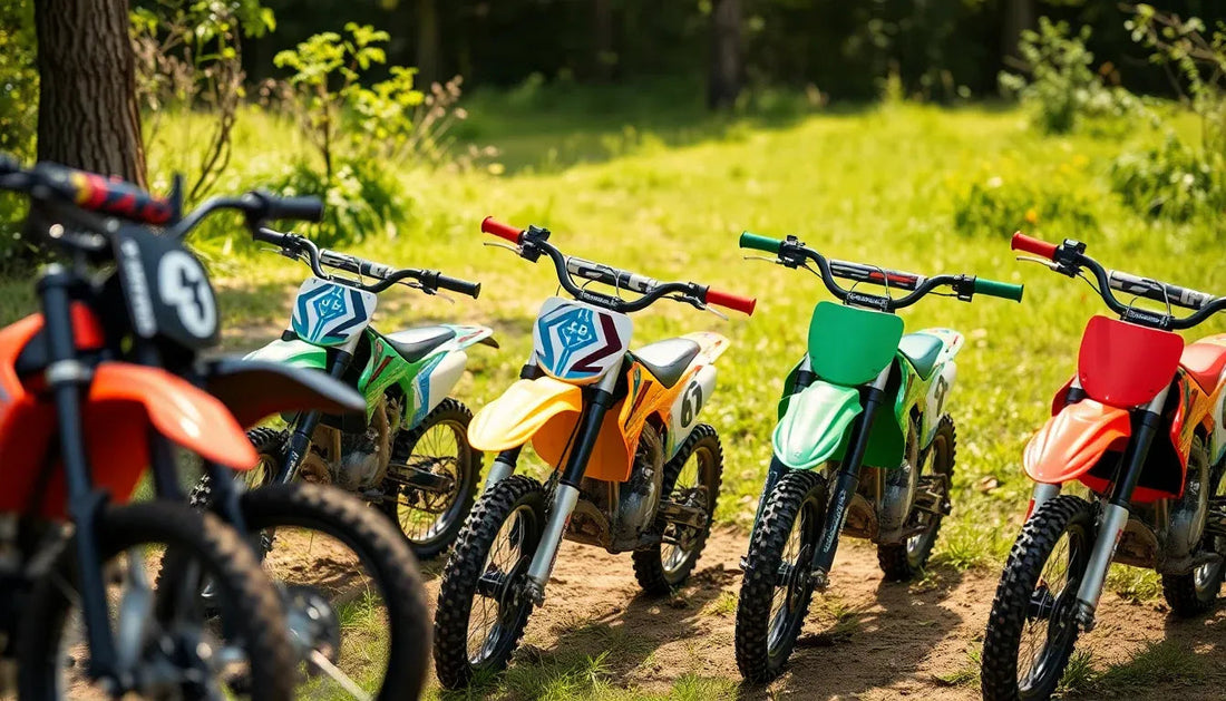 Youth dirt bikes lined up on grass in a sunny outdoor setting