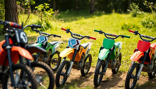 Youth dirt bikes lined up on grass in a sunny outdoor setting