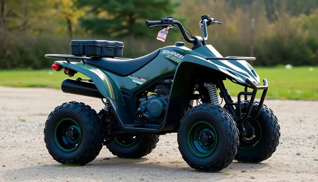 Green youth ATV quad bike with rugged tires parked outdoors on gravel, all-terrain vehicle