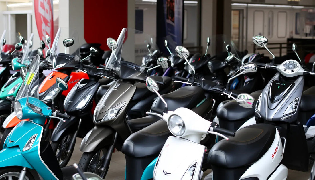 Row of modern motor scooters in a showroom, various colors, with mirrors and windshields