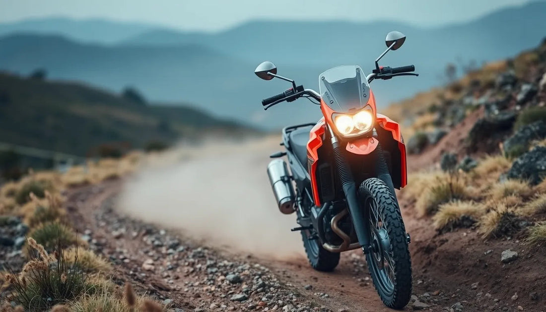 Red dirt bike with headlights on, riding on a rocky trail in a mountain landscape