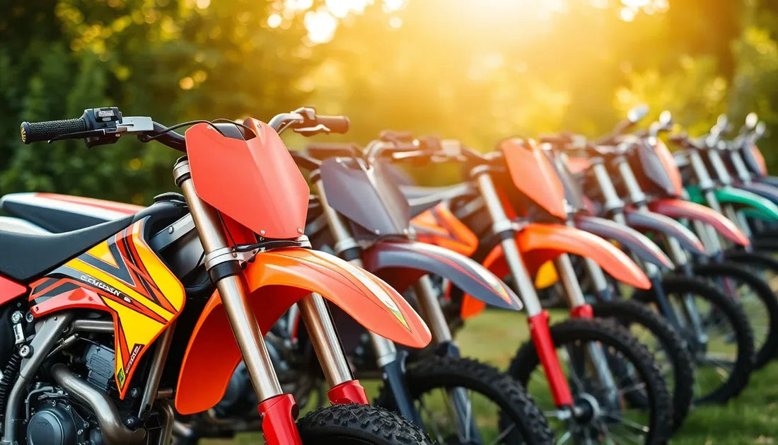Row of colorful dirt bikes lined up outdoors in sunlight, off-road motorcycles for sale