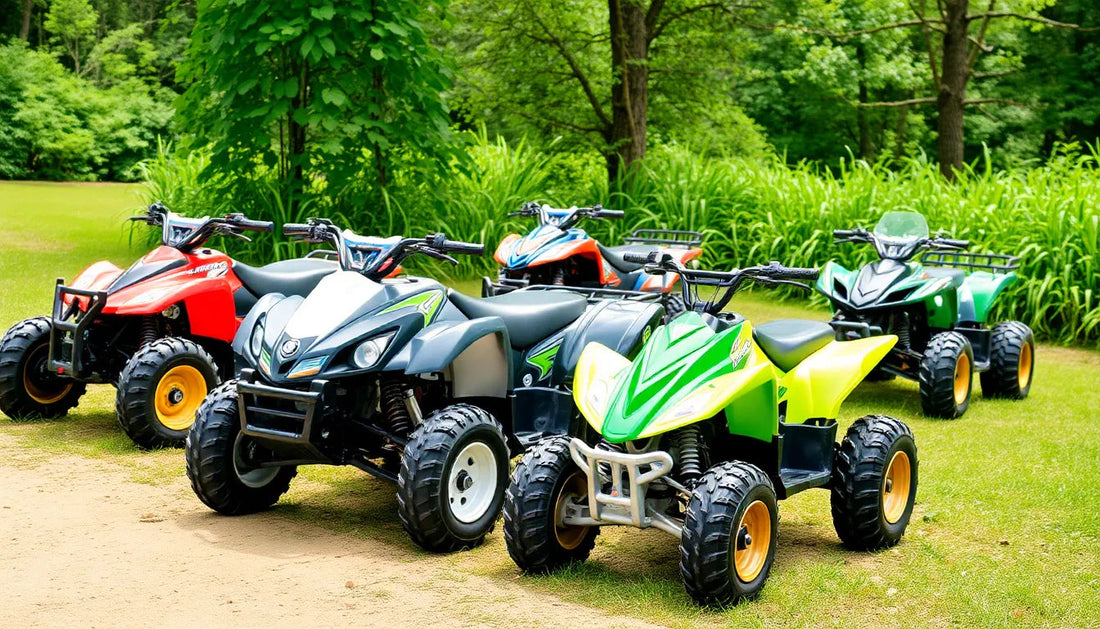 Colorful youth and adult ATVs parked outdoors on green grass in a sunny park setting