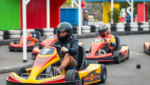 Children driving go-karts on outdoor race track, wearing helmets, go-kart racing activity