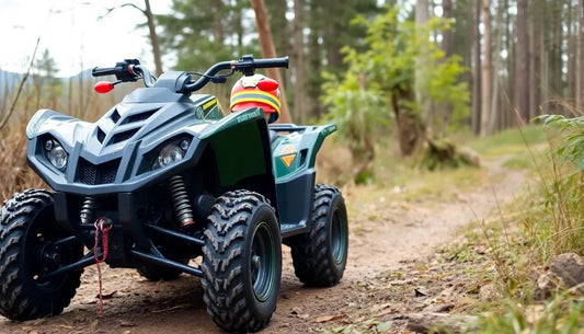 Green kid's ATV parked on a forest trail with a colorful helmet on the seat