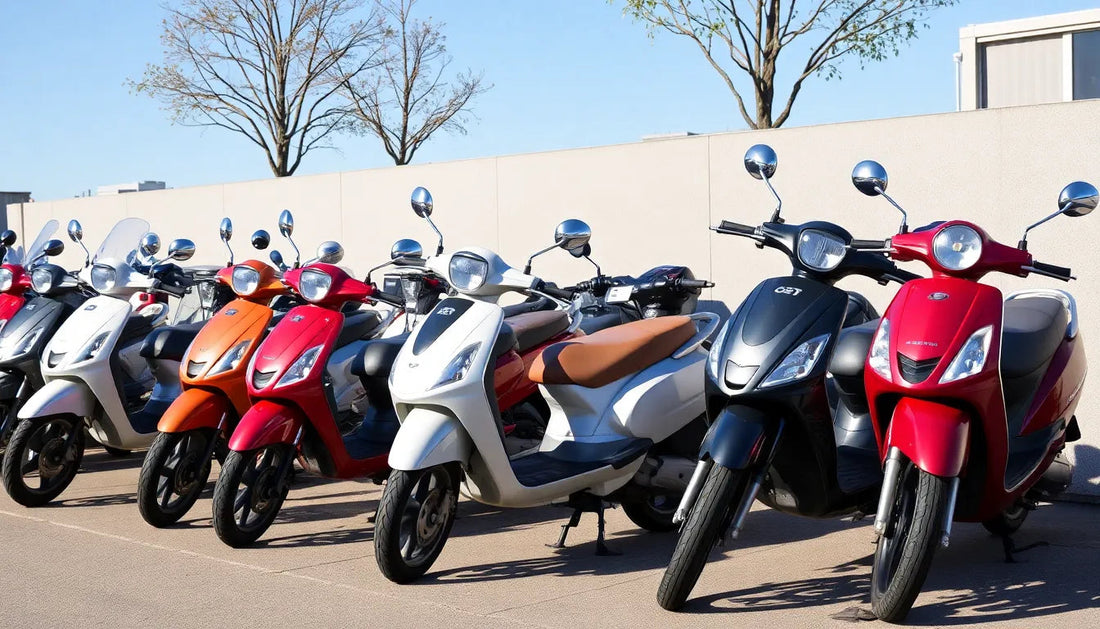 Lineup of colorful scooters parked outdoors in sunlight, ideal for beginner and adult riders.