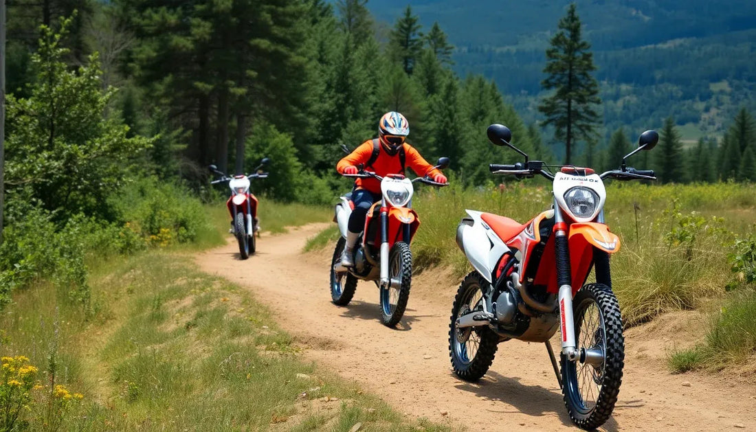Riders on dirt bikes trail riding through forested outdoor landscape on a sunny day