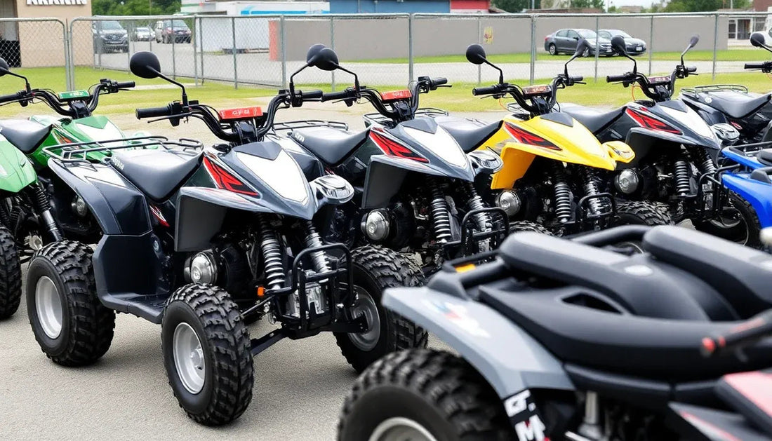 Lineup of colorful ATVs with rugged tires parked outdoors, ideal for all-terrain riding
