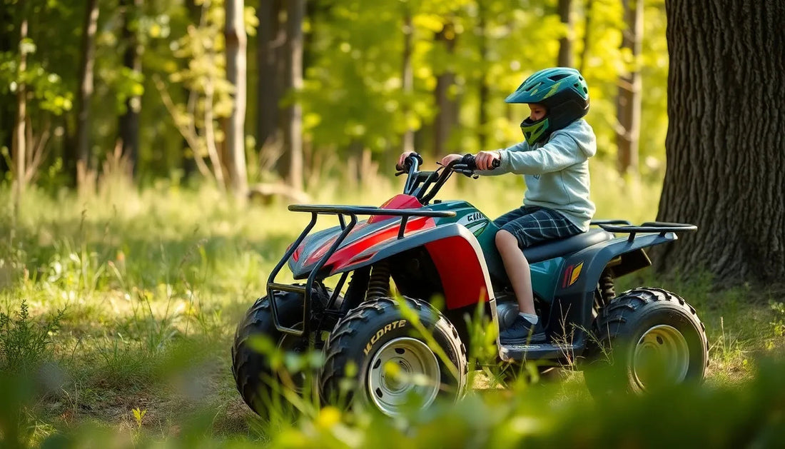 Child riding a youth ATV outdoors in a forest, wearing helmet and safety gear