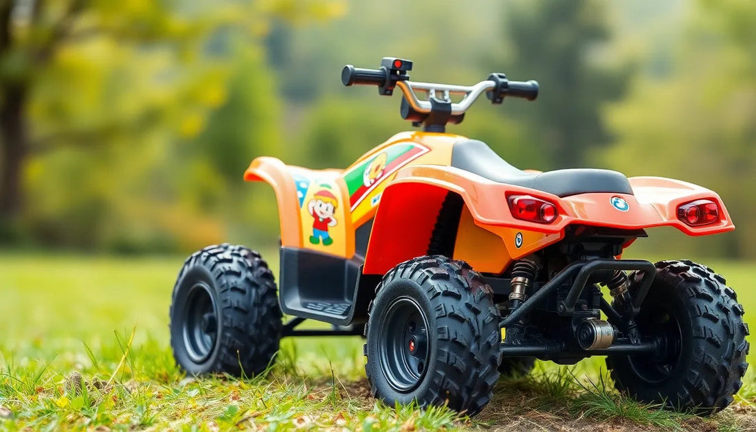 Kids orange ATV quad with cartoon decals, off-road tires, and outdoor background