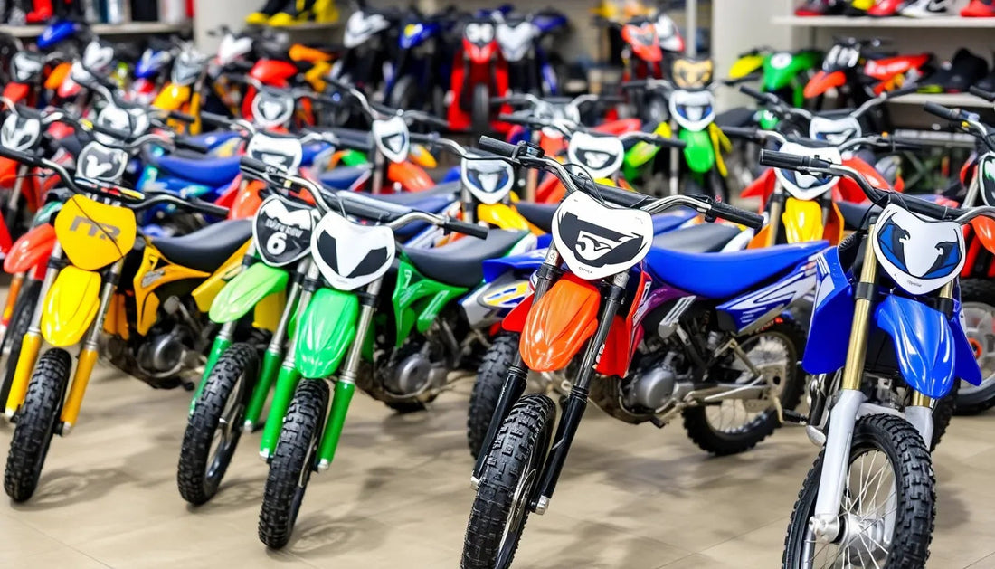 Colorful dirt bikes lined up in a showroom, ideal for beginners and adult riders.