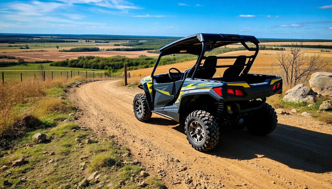 Off-road ATV on a dirt trail with scenic countryside landscape