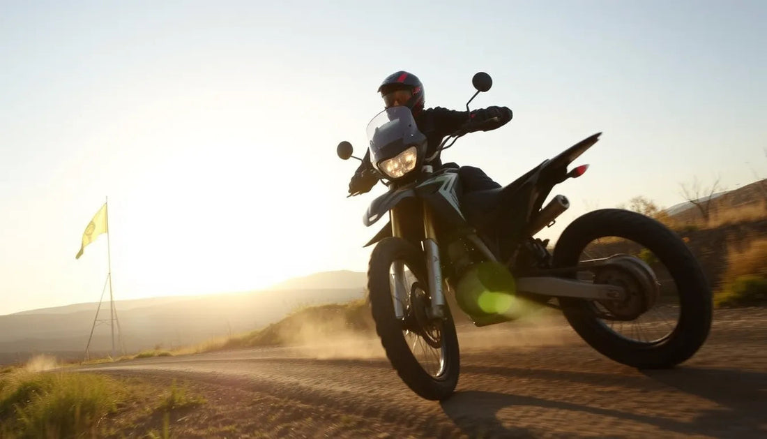 Rider on a dirt bike driving on a dusty trail at sunset with hills in the background