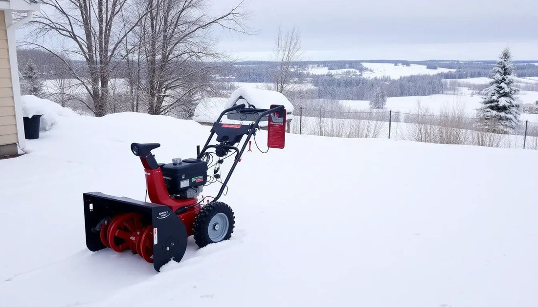 Red snow blower on snowy yard with winter landscape and trees in the background