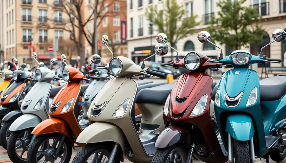 Row of colorful scooters parked on a city street, urban transportation options