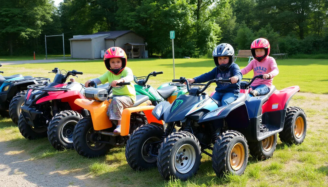 Kids riding beginner ATVs outdoors wearing helmets, youth quad bikes on grass field