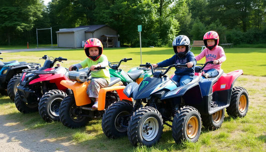 Kids riding beginner ATVs outdoors wearing helmets, youth quad bikes on grass field