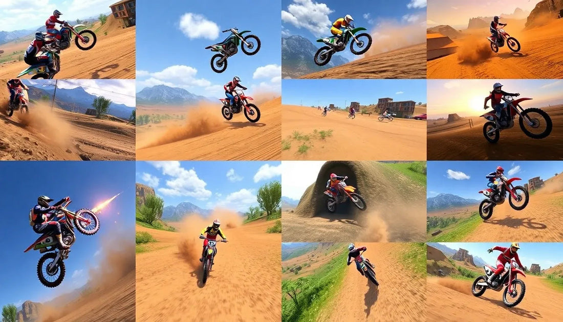 Collage of dirt bikes and motocross riders performing jumps on off-road desert trails