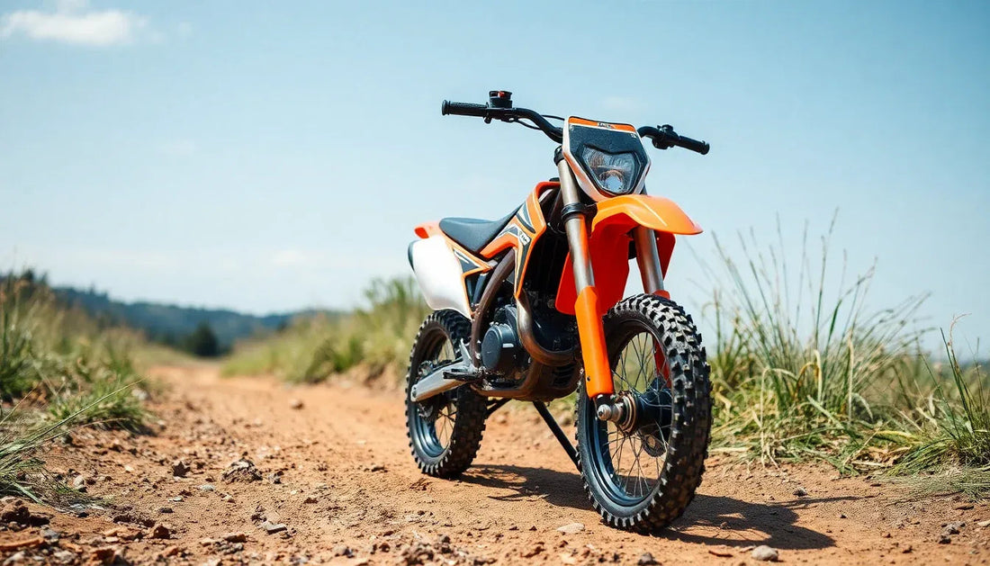 Orange dirt bike on a rugged off-road trail under clear sky