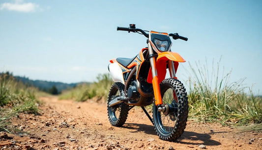 Orange dirt bike on a rugged off-road trail under clear sky