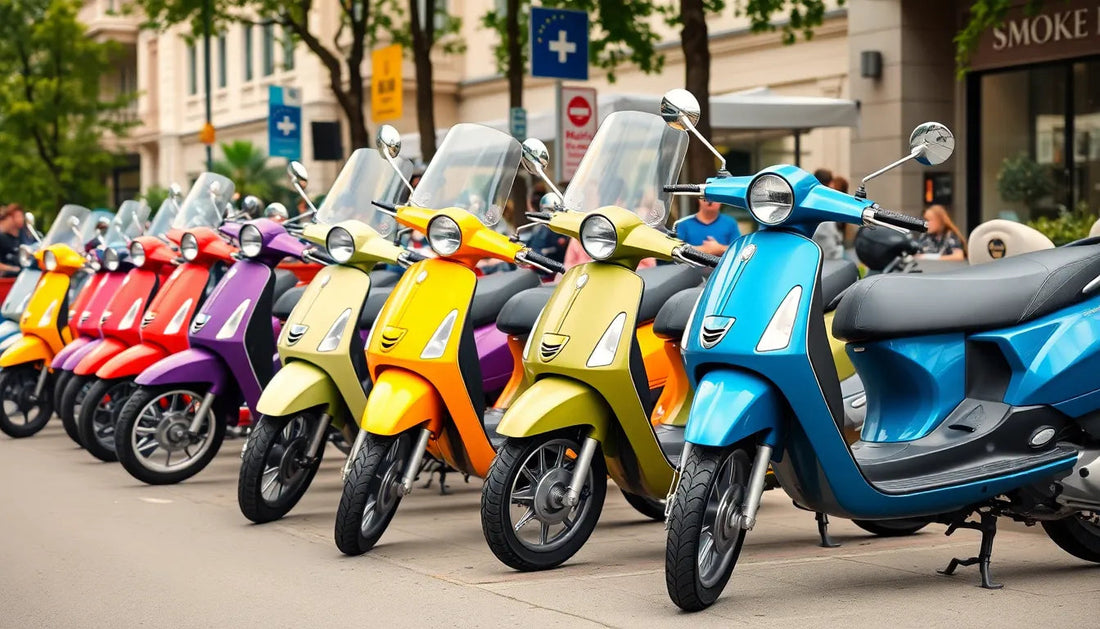 Row of colorful scooters with windshields parked on city street, outdoor setting