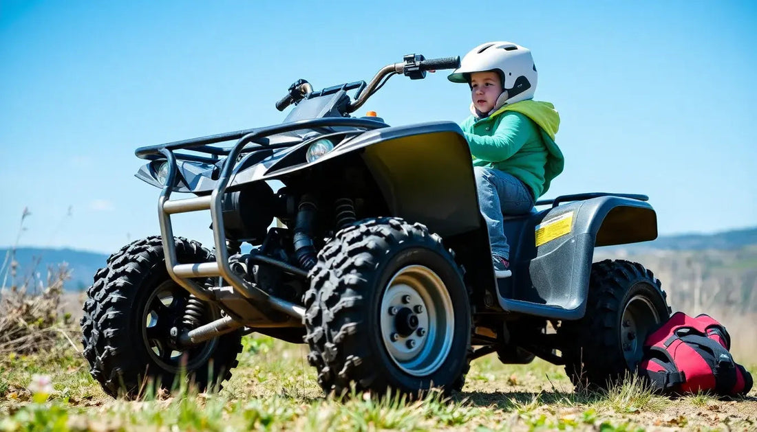 Child riding a kids ATV outdoors wearing helmet, off-road quad bike adventure