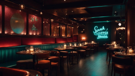 Cozy supper club interior with candlelit tables, neon sign, and retro decor in Southern Wisconsin