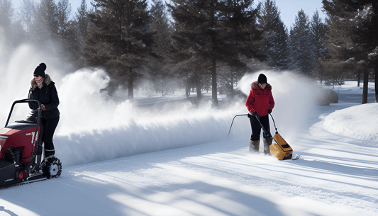 Two people using snow blowers to clear snow on a driveway in a snowy forest setting
