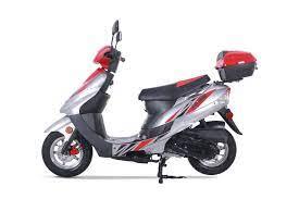 Red and silver 50cc scooter with rear storage box on white background